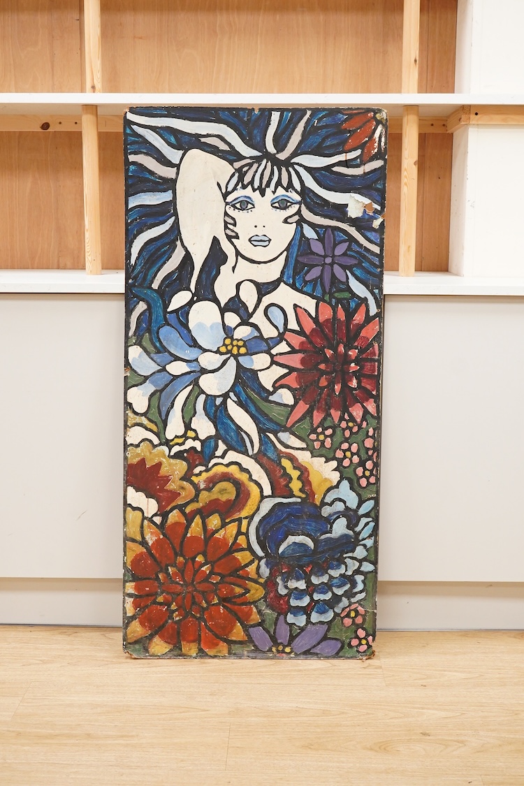 John Upton (1933-2005), Mid century abstract oil on canvas board, Portrait of a woman amongst flowers, inscribed and dated Aug, '69, unframed, 130 x 60cm